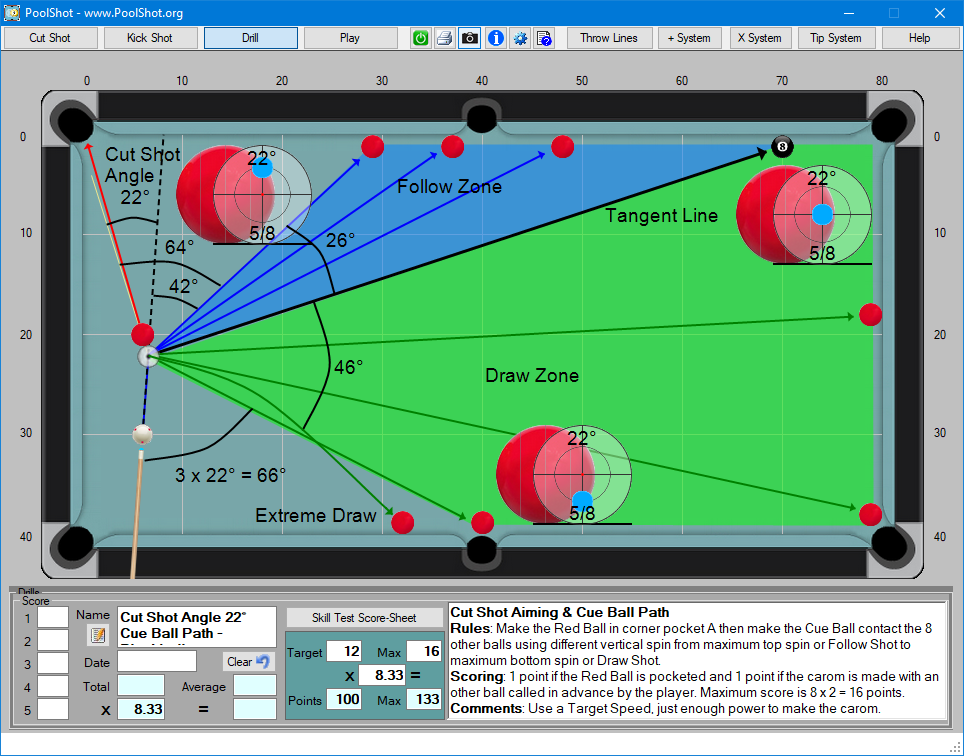 Cut Shot Angle 22° Cue Ball Path - Blackball